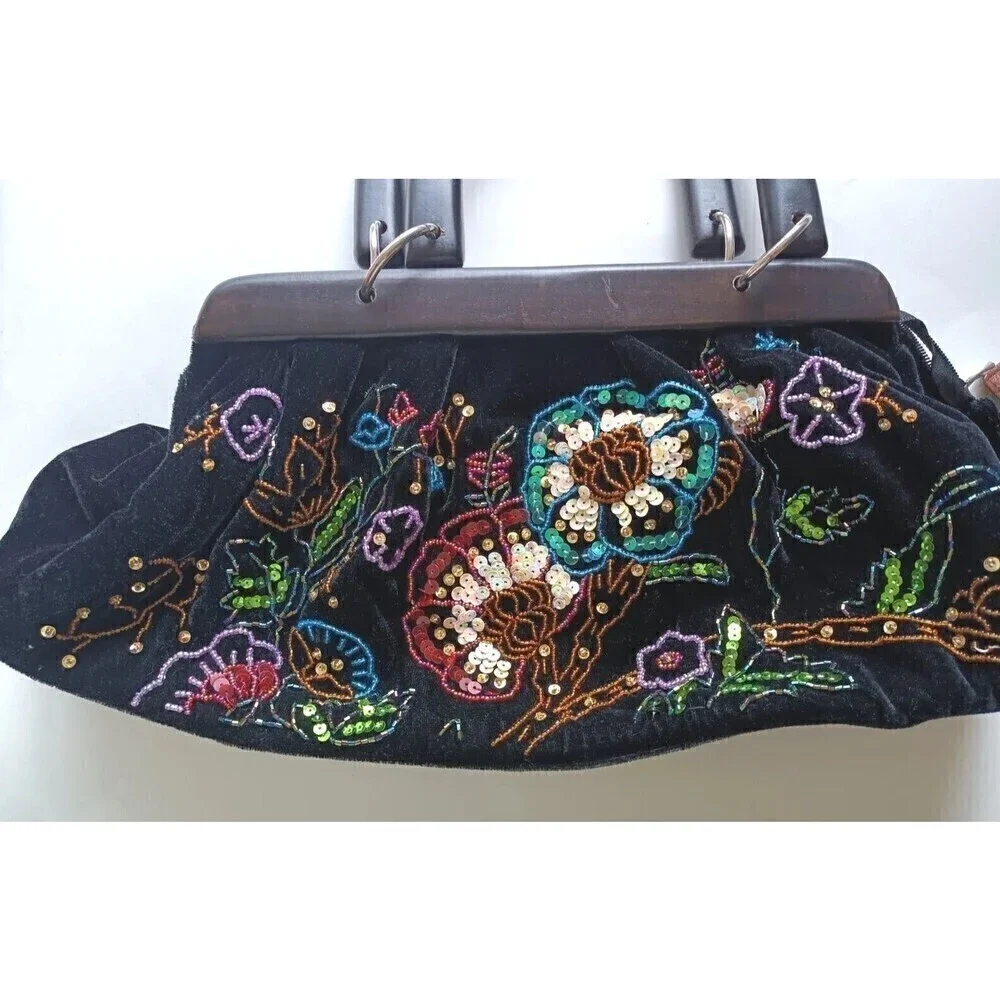Vintage Style Satchel Purse Wood Handle Black & Multi Colored Beaded Hand Sewn